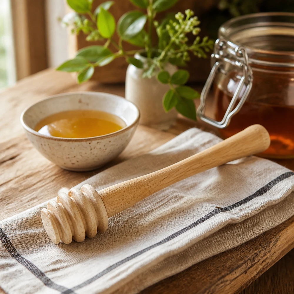 Cuillère à miel en érable à côté d'un bol et d'un pot de miel sur une table rustique en bois avec un pot d'herbes en arrière-plan