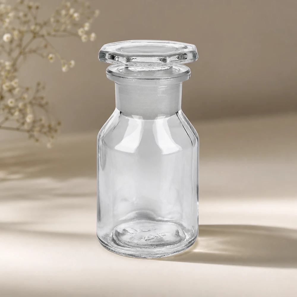 Flacon à col large et conique 50 ml en verre clair + bouchon de verre Flacon à paroi droite de 50 ml avec une large ouverture et un bouchon en verre, idéal pour conserver les poudres