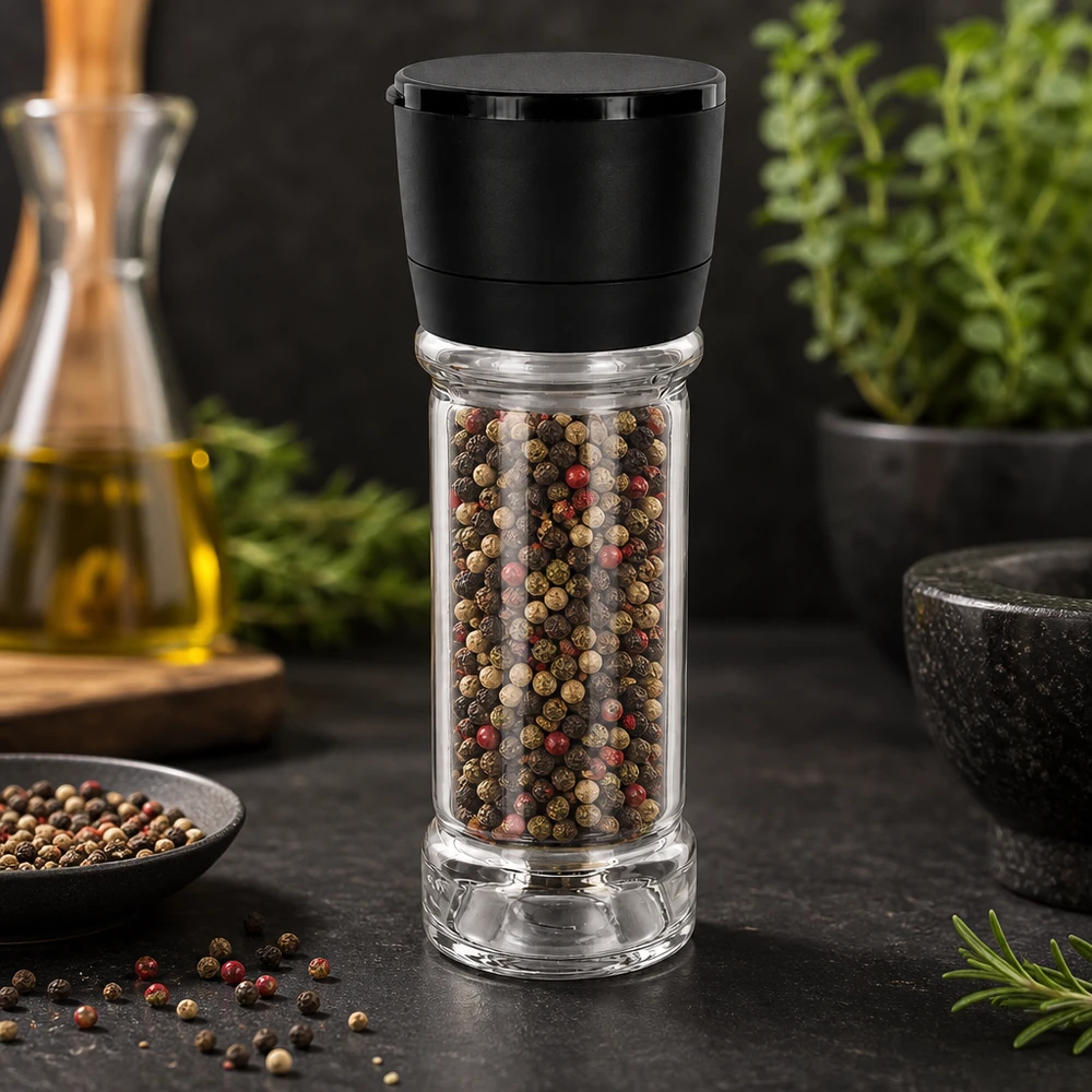 Pot à épices de 100 ml avec moulin noir, rempli de grains de poivre multicolores sur fond sombre