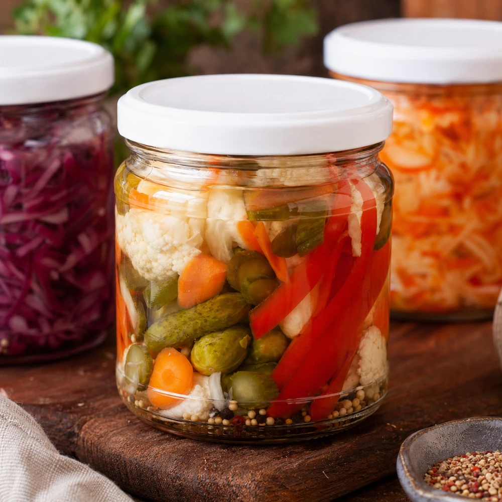 Bocal rond de 212 ml avec couvercle BasicSeal rempli de légumes marinés - concombres, poivrons, choux-fleurs et épices
