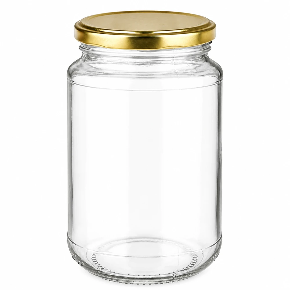 Bocal rond en verre de 320 ml + BasicSeal doré UNiTWIST Bocal rond UNiTWIST de 320 ml avec couvercle à visser BasicSeal doré pour confitures et conserves