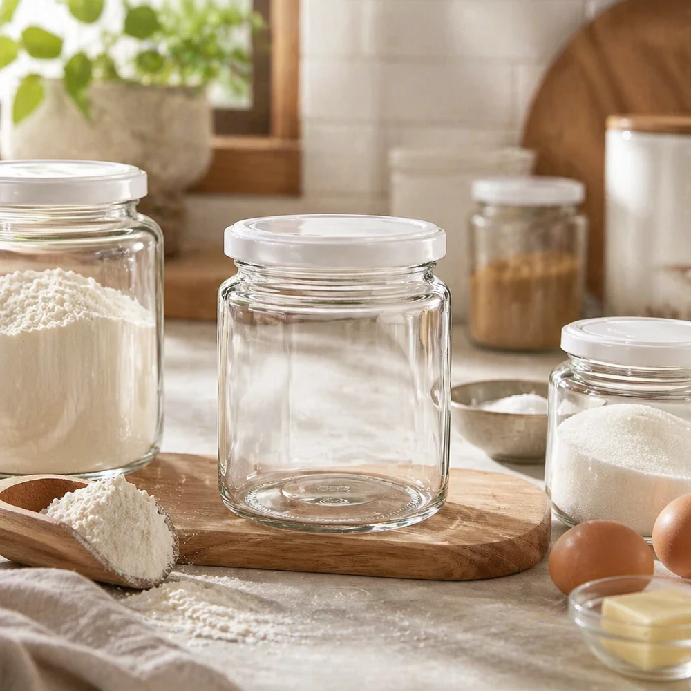 Pot à miel vide de 250 ml avec couvercle blanc BasicSeal sur planche en bois dans une cuisine rustique entre les bocaux de stockage