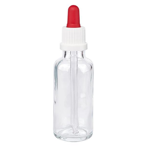 Flacon clair 30 ml + pipette rouge et blanche à système d'inviolabilité