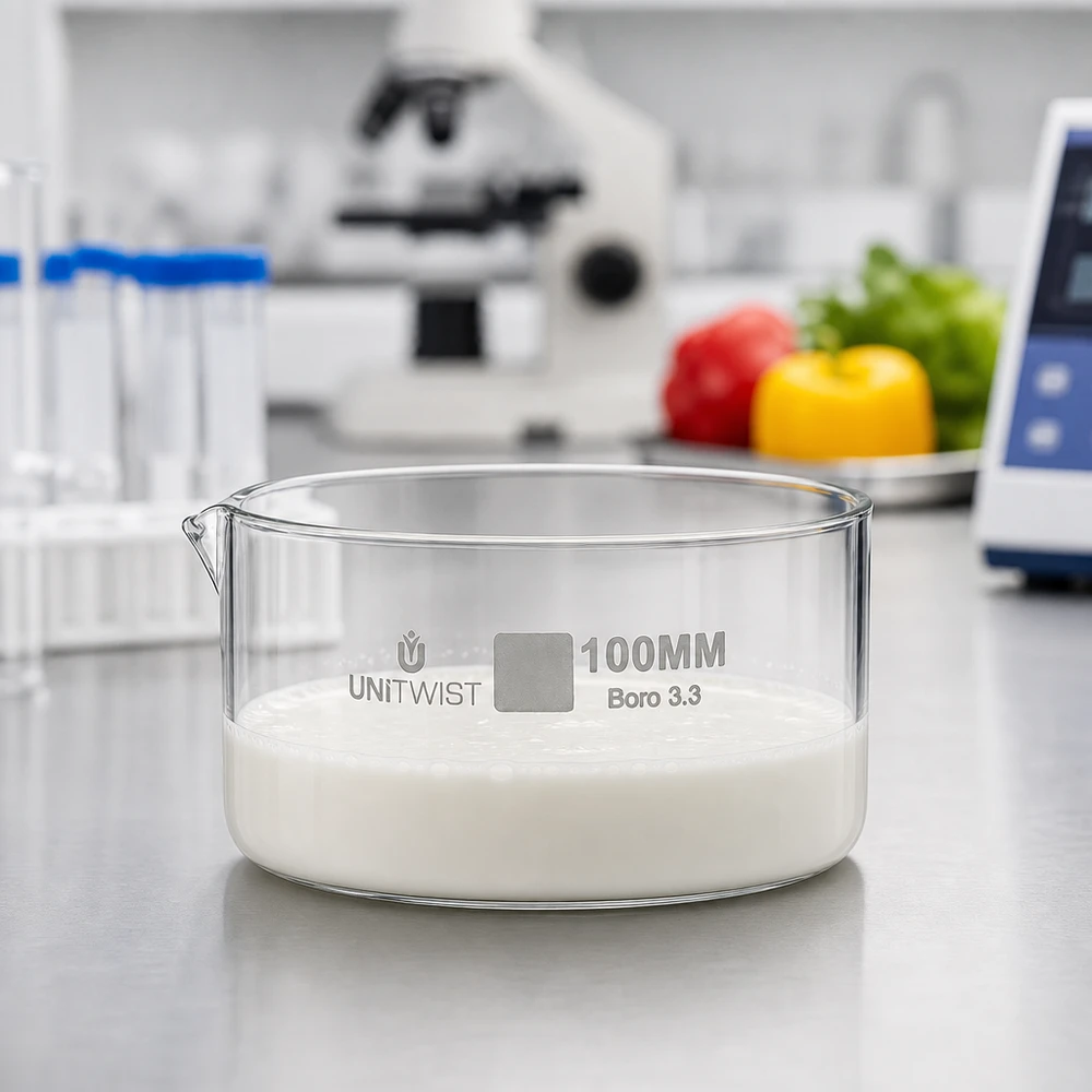 Cristallisoir ø100mm verre borosilicaté UNiTWIST UNiTWIST Coupelle de cristallisation Boro 3.3 100 mm – Utilisation en laboratoire – Analyse alimentaire – Microscope – Arrière-plan
