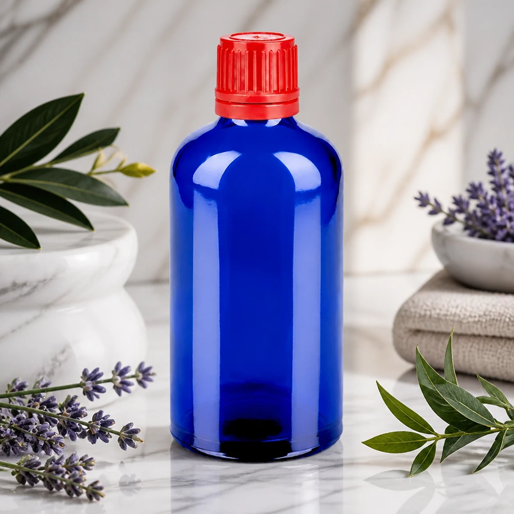 Flacon 100ml 11mm SV rouge OV BlueLine UT18/100 Bouteille en verre premium de 100ml avec fermeture de sécurité pour les enfants pour les applications professionnelles