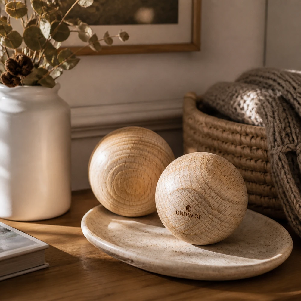 UNiTWIST Sphère en bois (hêtre) pour WECK RR60 UNiTWIST Sphère en bois hêtre WECK RR60 sur coupe en bois arrangée de manière décorative avec vase en céramique et tricot Accessoire d'intérieur