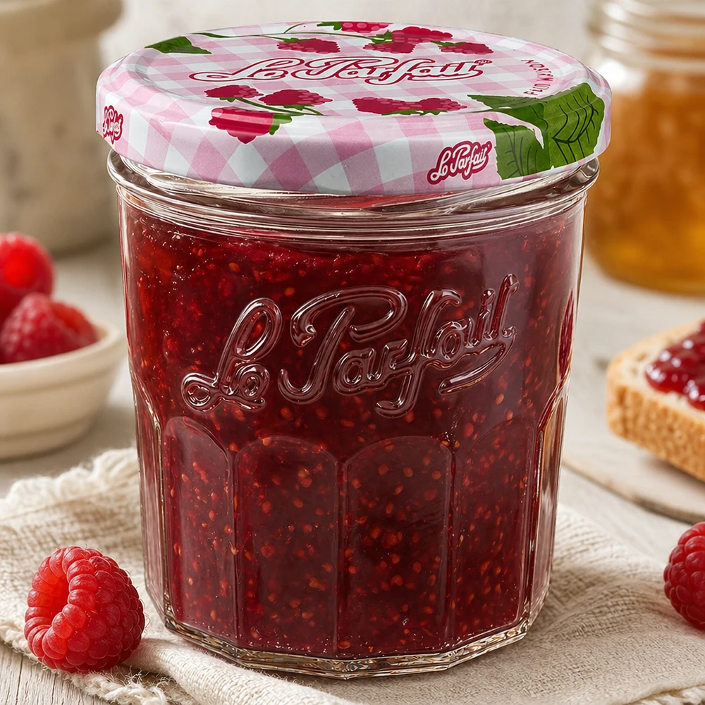 Le Parfait® Jam 324 ml Ø82 mm pot confiture Gefülltes 324ml Le Parfait Sturzglas mit Himbeermarmelade und dekorativem Schraubdeckel in gemütlicher Küche