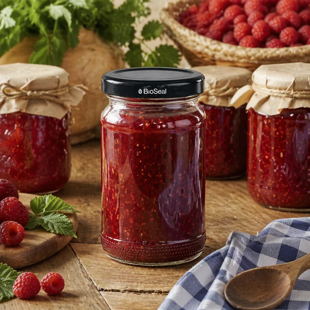 110ml Verre rond avec couvercle BioSeal noir UNiTWIST UNiTWIST Runda110 fourré à la confiture de framboises avec couvercle noir TO48 BioSeal entre des bocaux sur un support en bois.