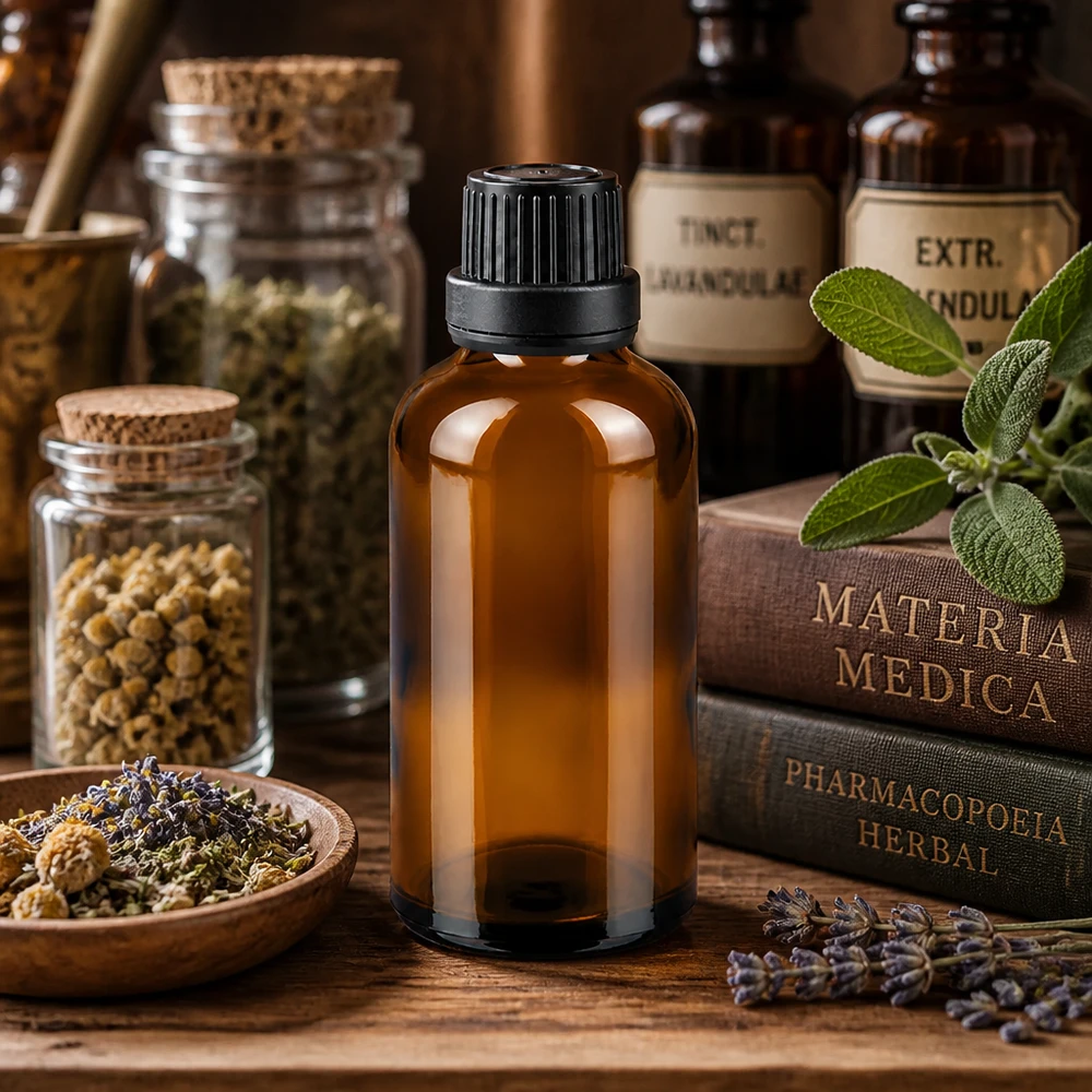 Flacon en verre ambré de 50 ml avec bouchon à vis, à côté de produits à base de plantes de la gamme Pharmacopoeia Herbal et d'herbes fraîches