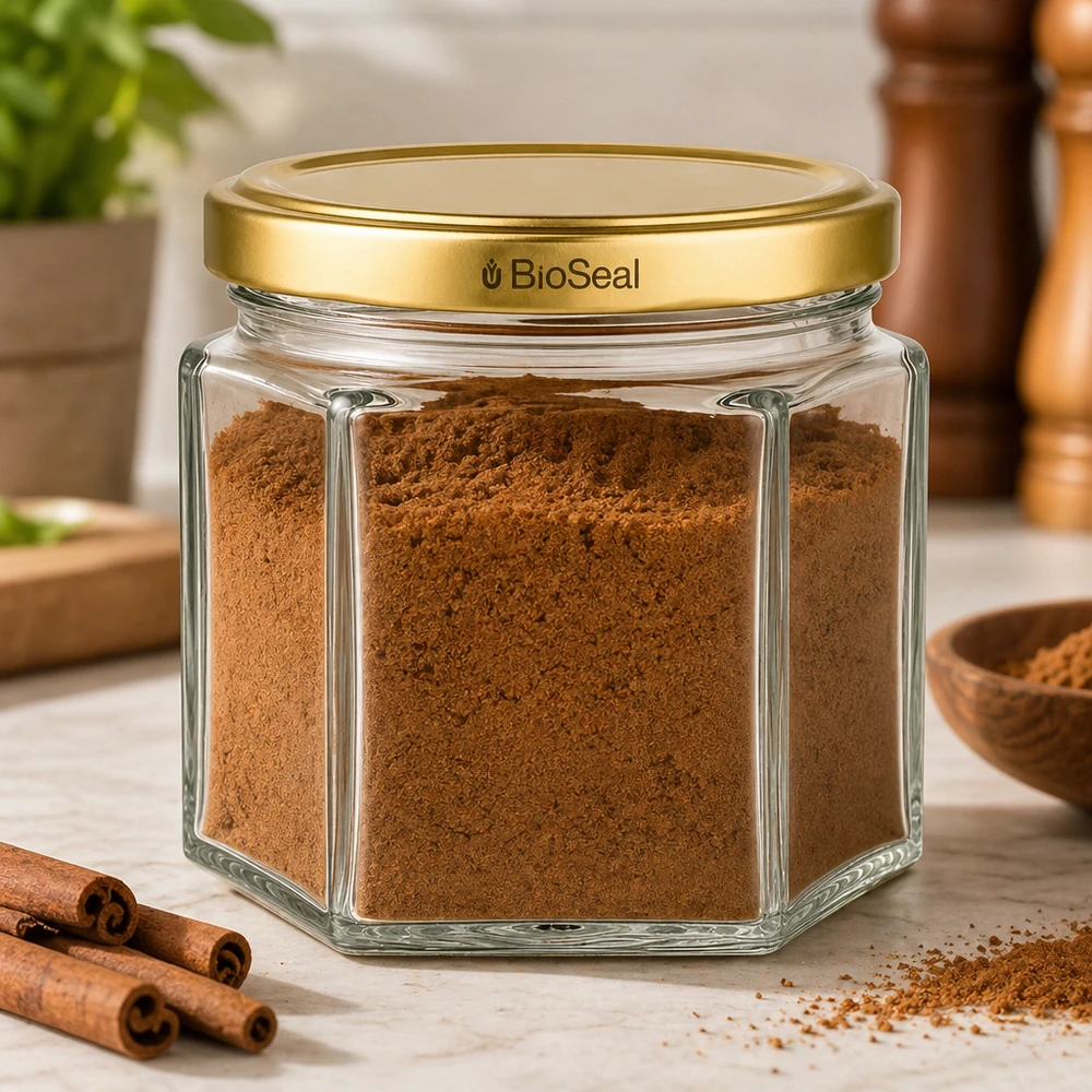 47ml Verre hexagonal avec couvercle BioSeal or UNiTWIST UNiTWIST Hexa47 Pot en verre avec couvercle BioSeal doré rempli de cannelle dans une cuisine rustique