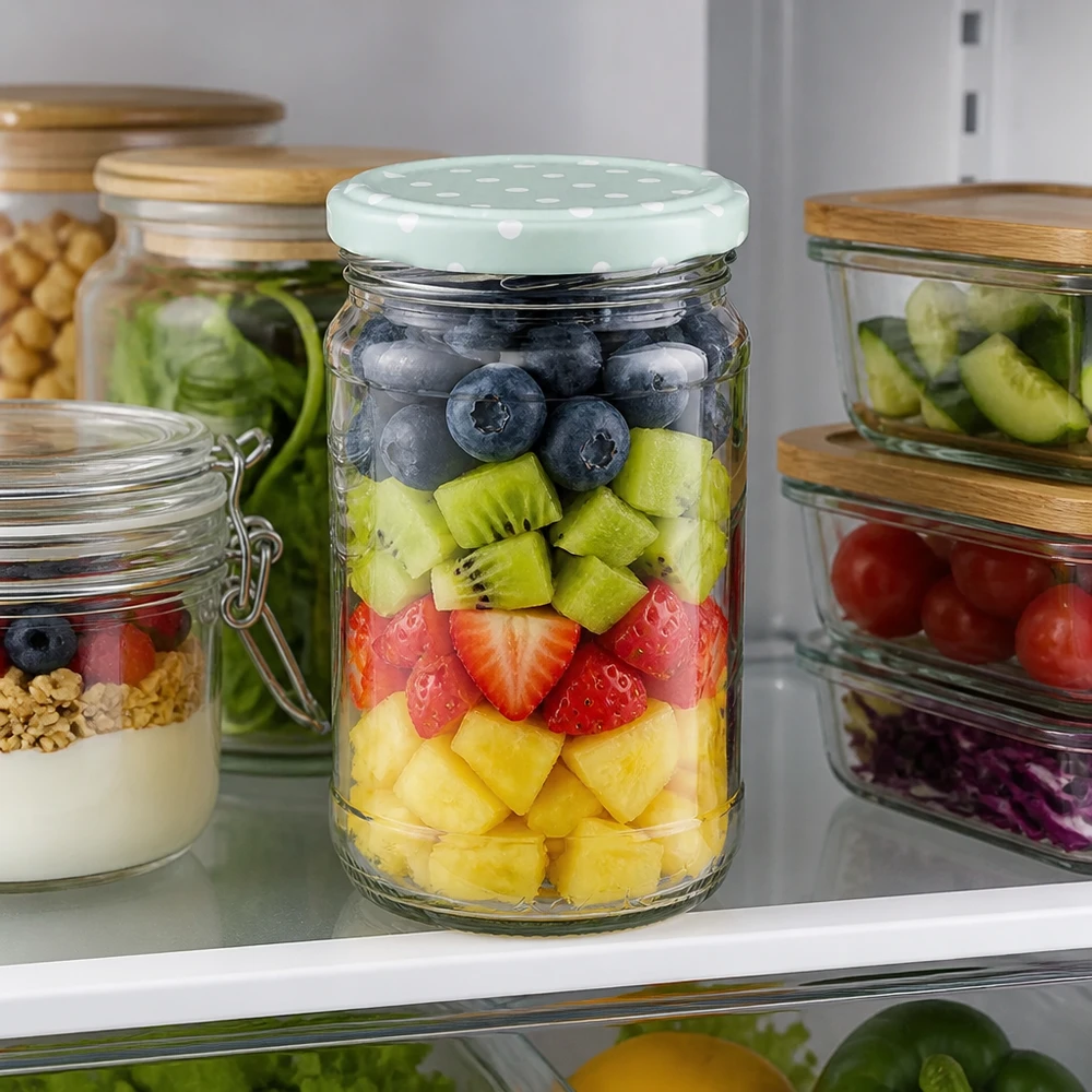 Bocal rond UNiTWIST de 370 ml rempli de fruits et muni d'un couvercle BasicSeal vert menthe à pois, au réfrigérateur