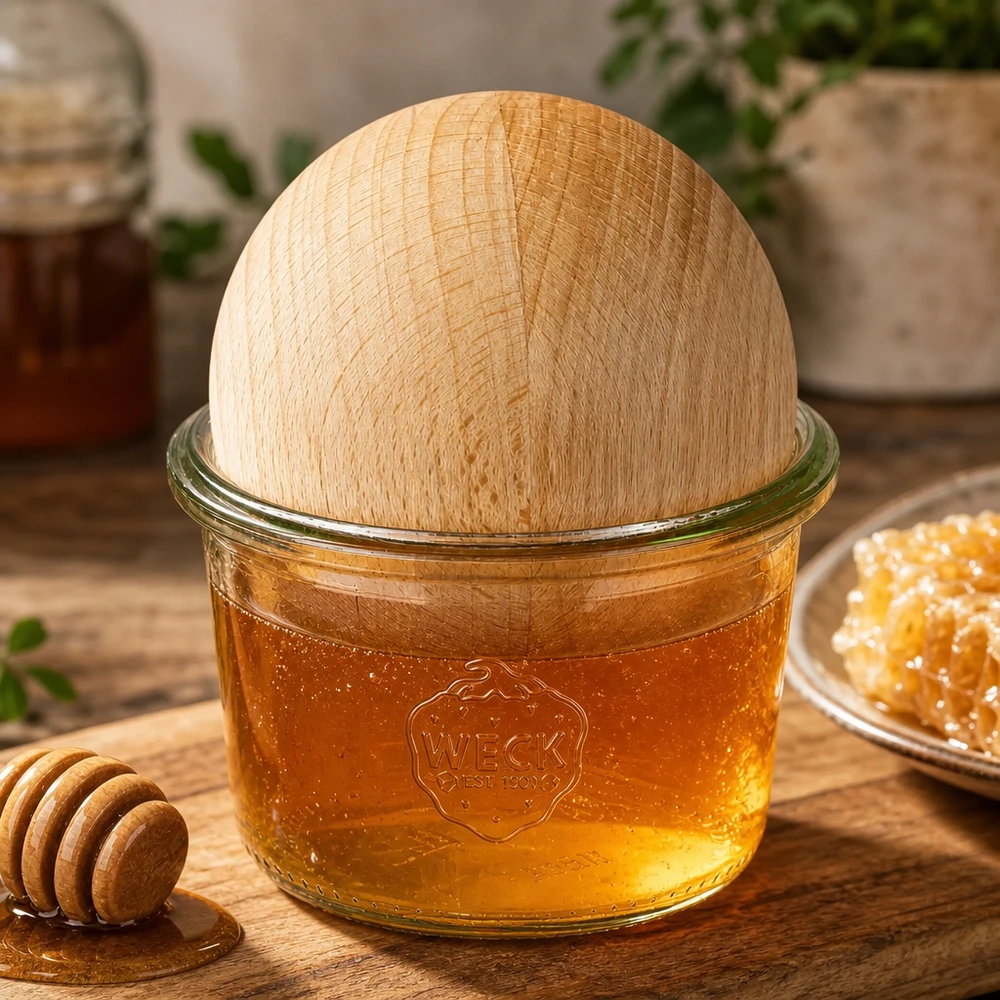 Pot renversé WECK RR60 de 80 ml rempli de miel avec couvercle en forme de boule en hêtre à côté de la cuillère à miel et du rayon de miel