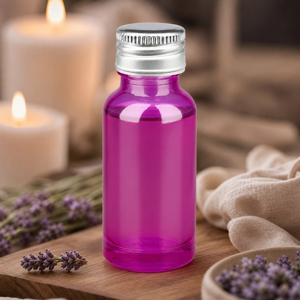 Flacon 20ml bouchon à vis 11mm alu-argent standard PurpleLine.UT18/20 Elégant flacon en verre Purple de 20 ml avec bouchon argenté brillant comme un miroir pour produits premium