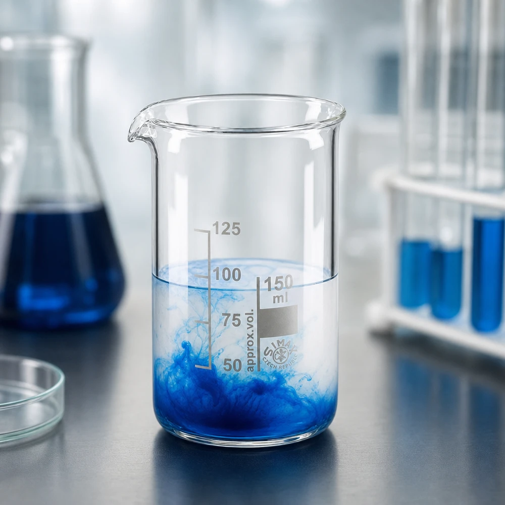 Bécher 150ml en verre borosilicate résistant à la chaleur (forme haute) Bécher en verre borosilicaté résistant à la chaleur, d'une contenance de 150 ml, contenant un liquide bleu