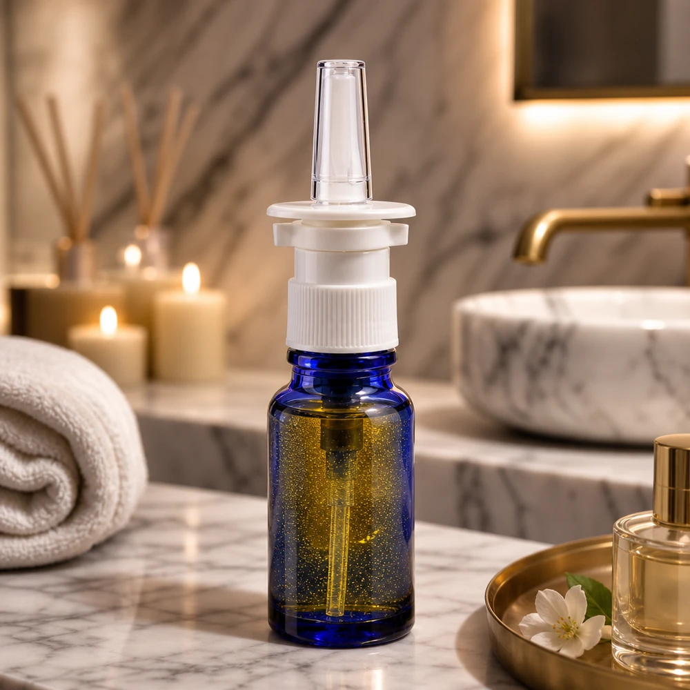 Flacon en verre bleu de 10 ml avec embout vaporisateur transparent et bouchon blanc