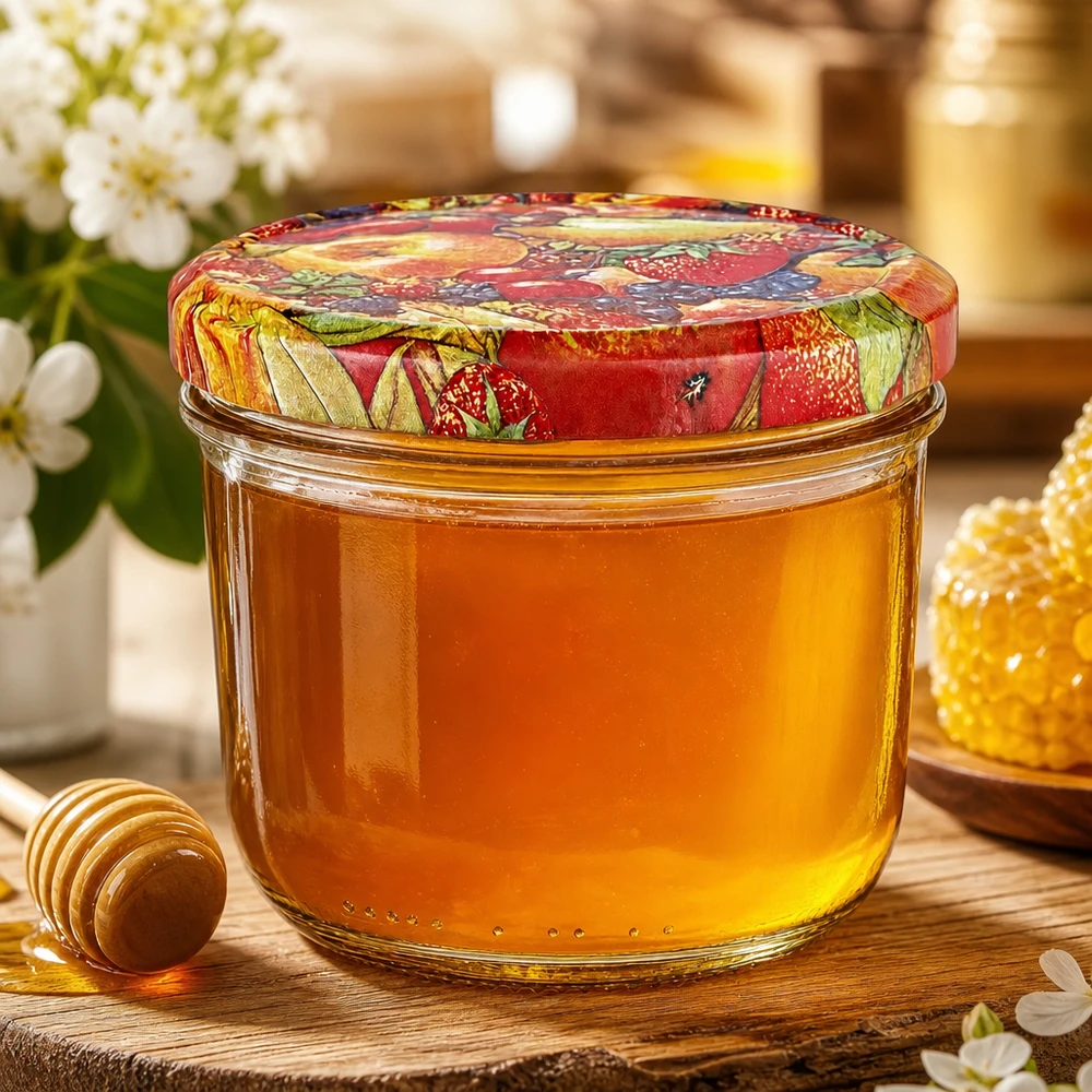 230ml Verre conique avec couvercle BasicSeal décor fruits UNiTWIST Pot de 230 ml rempli de miel avec couvercle BasicSeal multicolore décoré de fruits, à côté de la cuillère à miel et du nid d'abeille.