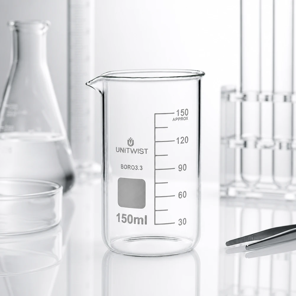 Bécher 150ml borosilicate, forme haute UNITWIST Verre de laboratoire UNITWIST, 150 ml, forme cylindrique haute, en borosilicate, avec zone d'inscription blanche