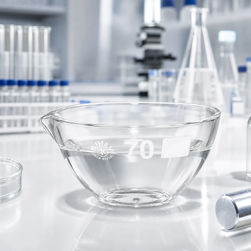 Capsule d’évaporation 60 ml en verre borosilicate, avec bec verseur Bol d'évaporation précis de 60 ml avec bec verseur en verre borosilicaté résistant aux produits chimiques pour l'analyse