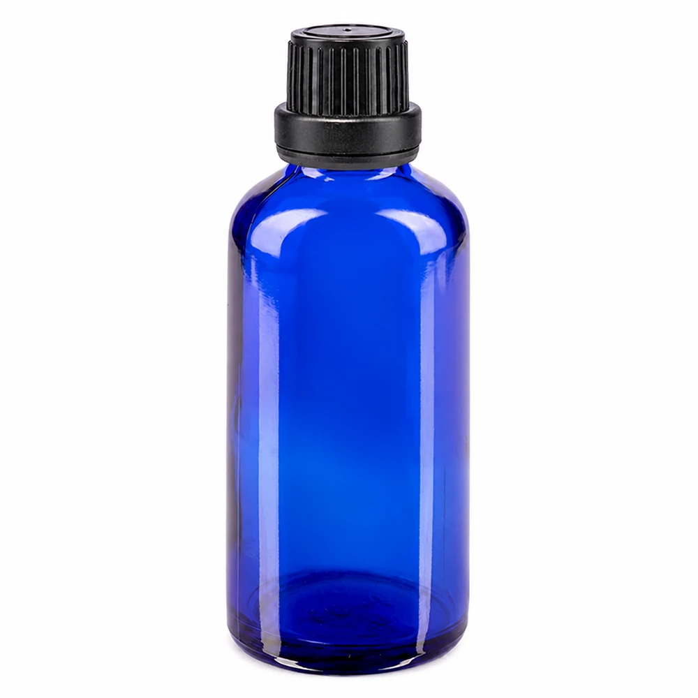 Flacon de pharmacie bleu 50ml bouchon vissable noir bouchon inviolabilité Flacon en verre bleu de 50 ml avec bouchon d'origine noir à sécurité enfant