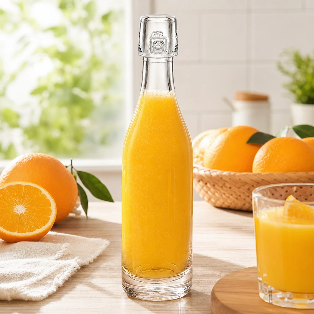 Bouteille en verre de 50 ml UNiTWIST remplie de jus d'orange entre des oranges fraîches Lumière de la fenêtre de la cuisine
