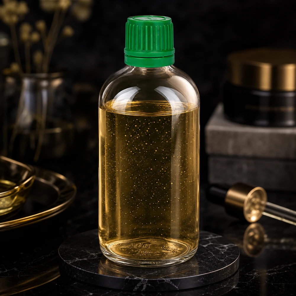 Flacon 100ml 11mm SV vert OV ClearLine UT18/100 Huile dorée avec des paillettes, en flacon en verre de 100 ml ClearLine UT18 avec bouchon à vis vert de 11 mm