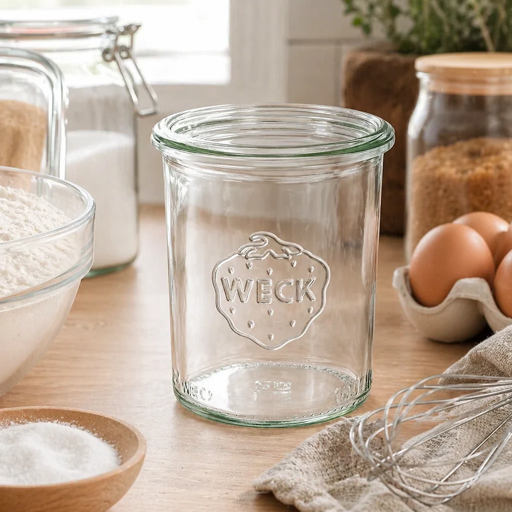 160ml WECK Verre renversé RR60 en verre clair avec logo dans une cuisine moderne à côté des œufs et des ingrédients de cuisson