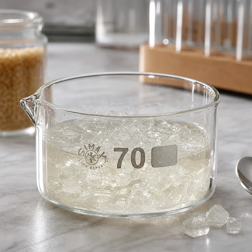 Coupelle de cristallisation 100 ml avec bec verseur Coupelle de cristallisation de 70 mm en verre borosilicaté, contenant des cristaux transparents et un liquide limpide