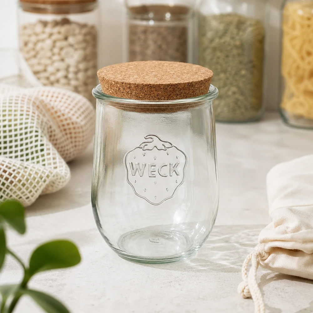 1062ml bocal tulipe WECK RR100 avec bouchon nature WECK Pot de conserve RR100 1062ml avec couvercle en liège dans la cuisine durable Zero-Waste entre les conteneurs de stockage