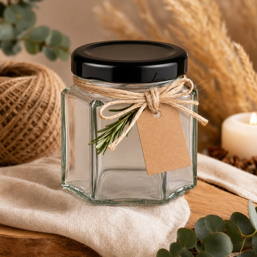 47ml Verre hexagonal avec couvercle BasicSeal noir UNiTWIST Verre hexagonal de 47 ml avec couvercle noir, mis en scène de manière décorative avec un ruban de jute et une branche d'herbe comme emballage cadeau