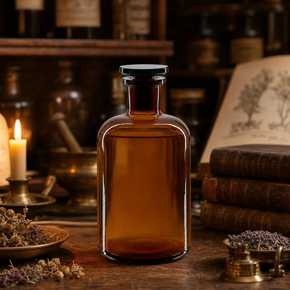 Flacon pharmaceutique 500 ml col étroit en verre ambré + bouchon Flacon de pharmacie classique marron de 500 ml avec bouchon en verre, pour huiles essentielles et extraits