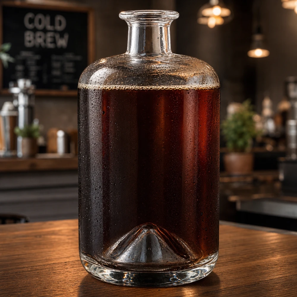 Flacon à pharmacie « Sofia » 700 ml sans bouchon UNiTWIST® Glasflasche Sofia 700ml mit Cold Brew Kaffee befüllt in Café-Atmosphäre zeigt vielseitige Getränke-Verwendung