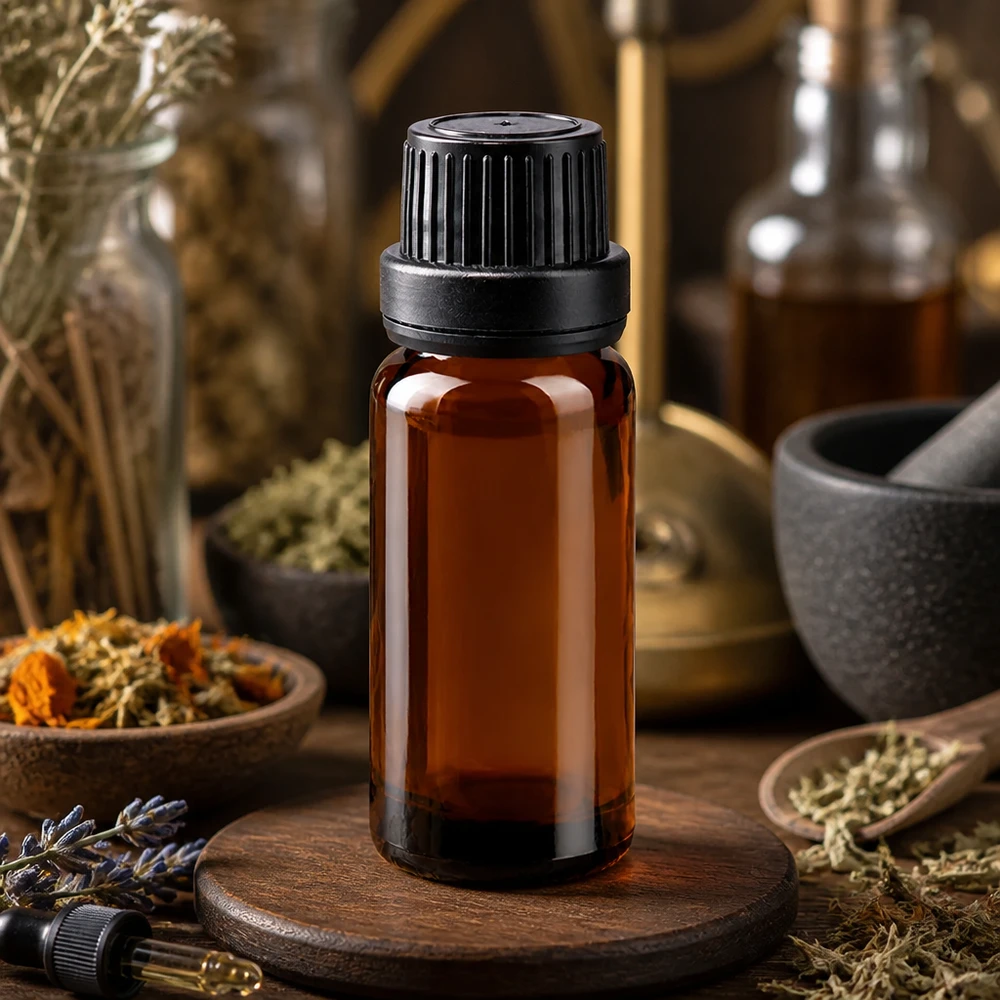 Flacon à pharmacie brun 10ml bouchon goutte à goutte 2mm noir bouchon d'inviolabilité Petit flacon de pharmacie de 10 ml, en verre ApoGlas brun, avec compte-gouttes de 2 mm, posé sur un dessous-de-plat en bois