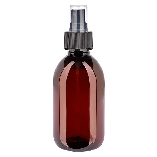 Flacon médical de 250 ml en PET, avec spray noir GCMI 28/410 et capuchon transparent standard Flacon médical de 250 ml en PET, avec spray noir GCMI 28/410 et capuchon transparent standard
