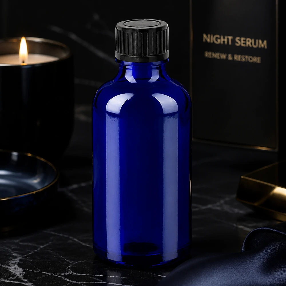 Flacon 50ml 11mm SV noir STD BlueLine UT18/50 Elégant flacon en verre bleu cobalt 50ml STD format pour produits de beauté de haute qualité