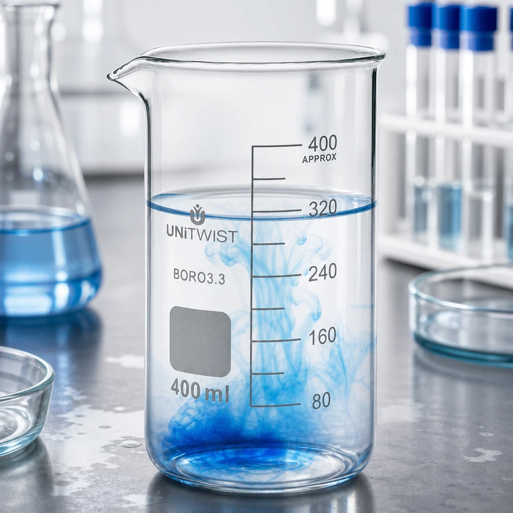 Bécher 400ml borosilicate, forme haute UNITWIST Bécher résistant à la chaleur de 400 ml, modèle haut, UNITWIST BORO3.3, à côté de fioles Erlenmeyer et de tubes à essai