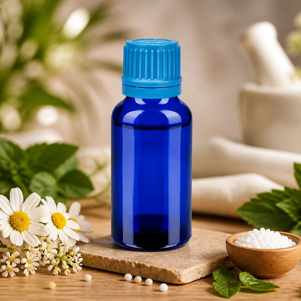 Flacon 20ml 11mm SV bleu OV BlueLine UT18/20 Flacon compte-gouttes professionnel de 20 ml en verre bleu anti-UV pour les remèdes homéopathiques