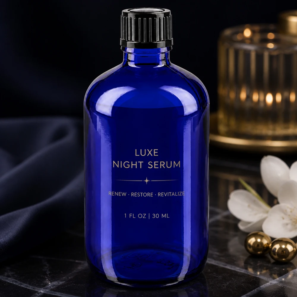 Flacon de pharmacie bleu cobalt de 100 ml portant l'inscription « Luxe Night Serum » et orné d'un décor doré