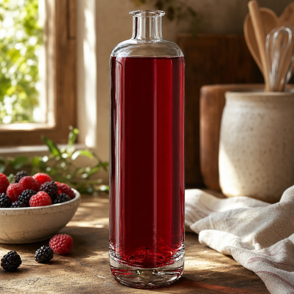 Bouteille en verre Ella de 700 ml remplie de jus de baies rouges à côté de framboises et de mûres fraîches dans une cuisine rustique