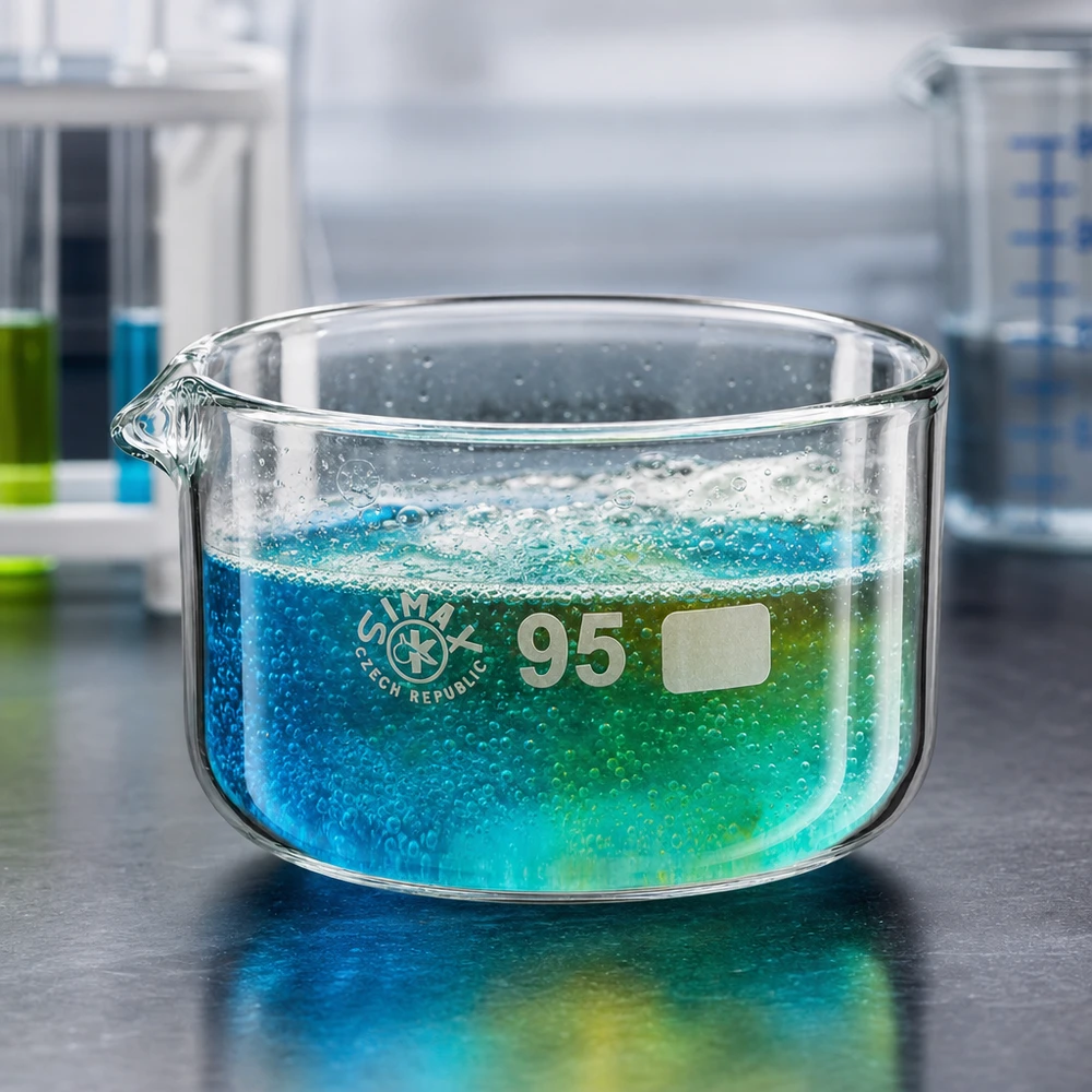 Réaction chimique avec formation de bulles dans un bac de laboratoire plat de 300 ml, diamètre 95 mm, bec verseur