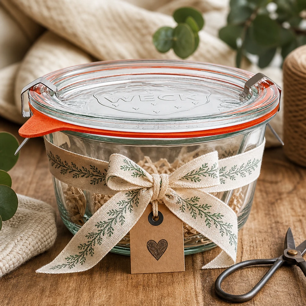 WECK Pot à kouglof 280ml RR100 emballé de manière décorative avec ruban et pendentif en forme de cœur comme idée de cadeau pour les bocaux à conserves