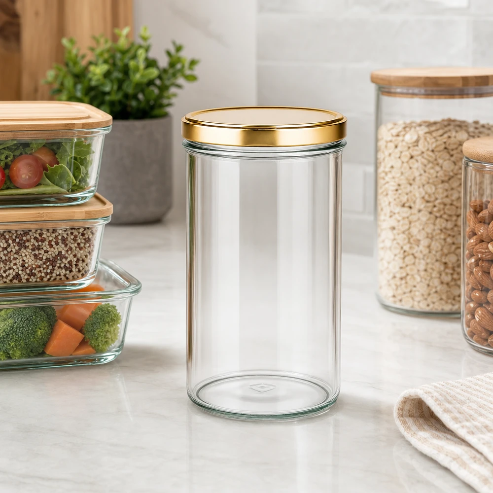 277ml Verre conique avec couvercle BasicSeal or UNiTWIST Pot vide de 277 ml avec couvercle doré UNiTWIST dans la cuisine moderne à côté des récipients de stockage et des légumes.
