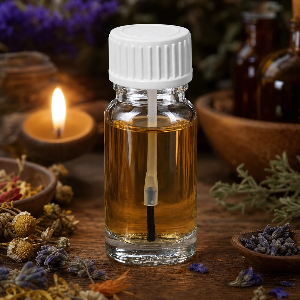 10ml flacon pinceau blanc STD ClearLine UT18/10 Flacon à pinceau de 10 ml avec un applicateur à pinceau doré et un bouchon blanc, posé sur une table en bois