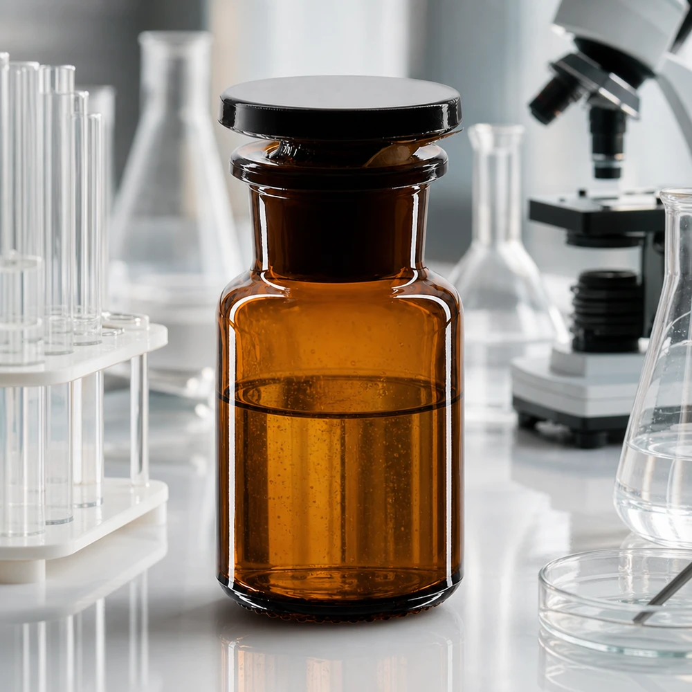 Flacon pharmaceutique 50 ml col large + bouchon verre ambré Flacon de produits chimiques de 50 ml, marron, avec bouchon en verre, à côté d'un ballon d'Erlenmeyer et d'une boîte de Pétri