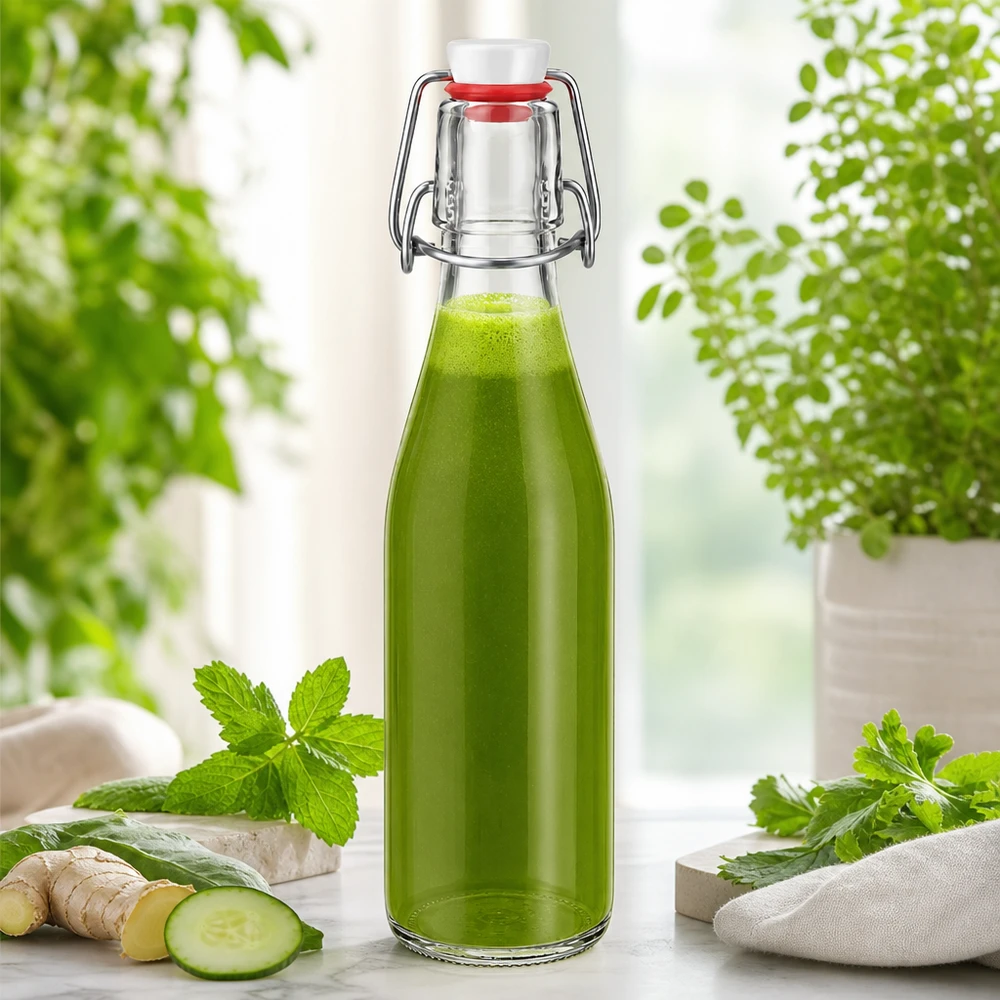 Bouteille en verre de 250 ml + bouchon mécanique PVC UNiTWIST Bouteille en verre de 250ml avec bouchon à étrier remplie de smoothie vert, gingembre concombre menthe herbes ingrédients naturels