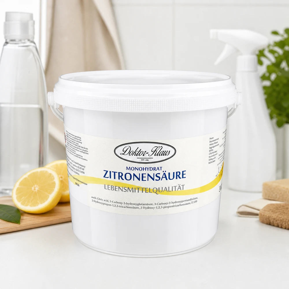 Acide citrique Doktor-Klaus 5kg dans un seau en plastique blanc empilable avec couvercle sécurisé