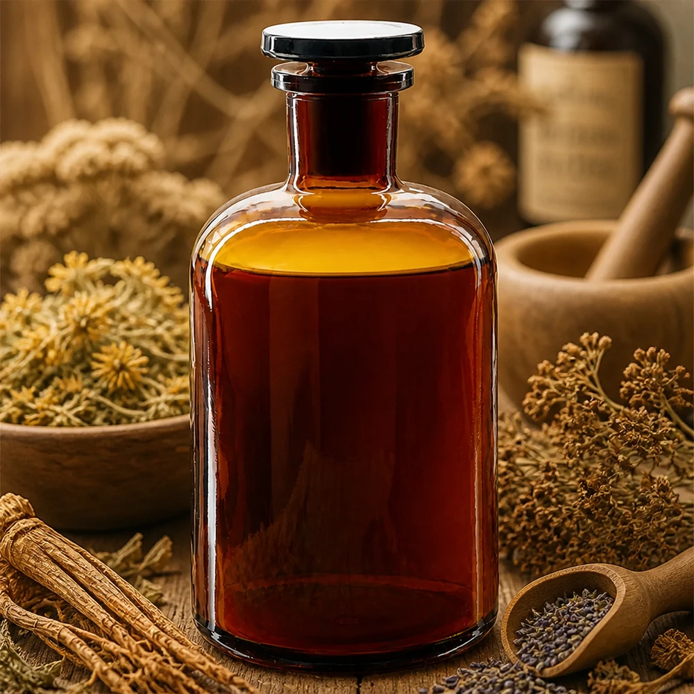 Flacon pharmaceutique 500 ml col étroit en verre ambré + bouchon Bouteille en verre brun de 500 ml à col étroit et bouchon, destinée à la conservation de préparations traditionnelles à base de plantes médicinales