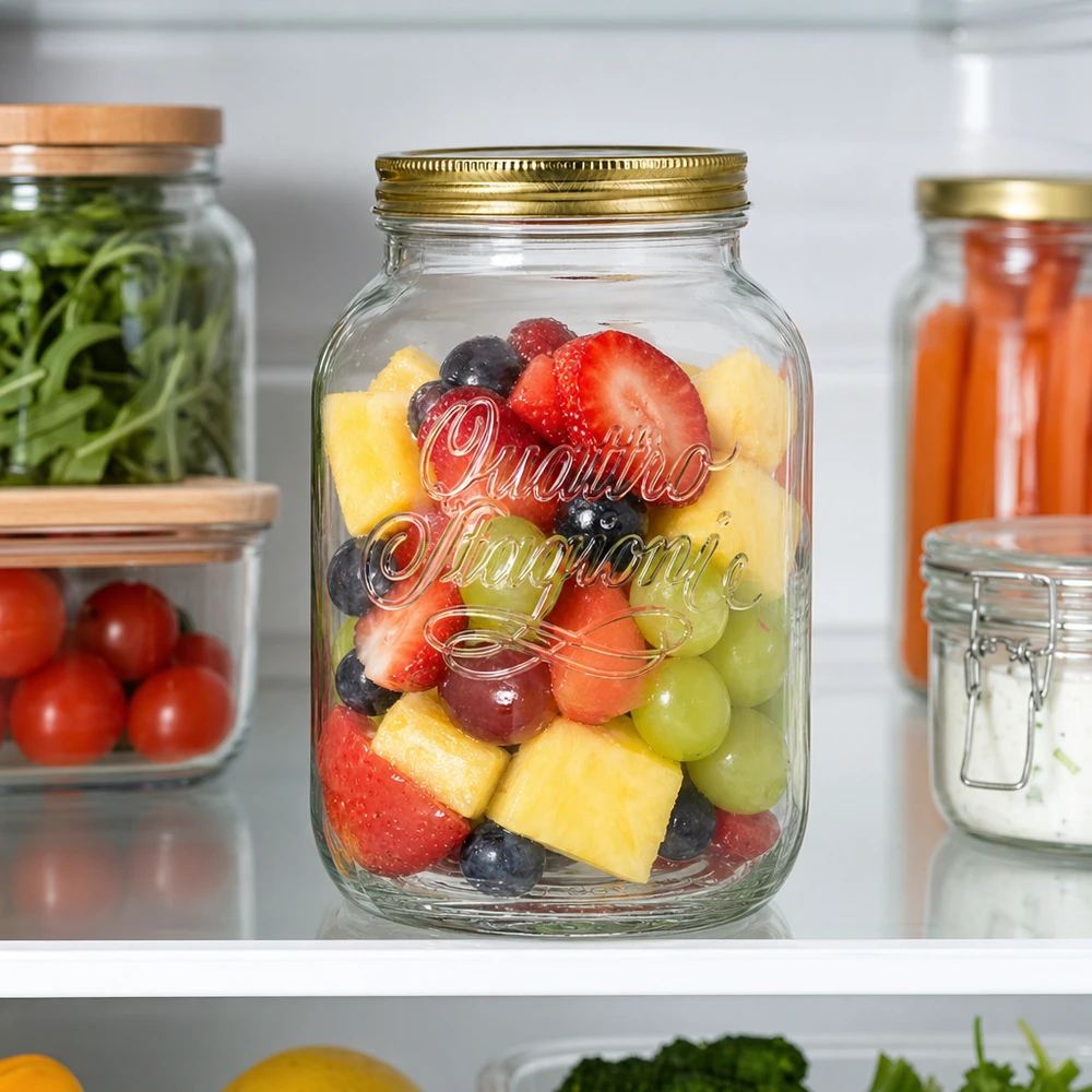 Bocal rond Quattro Stagioni de 3000 ml avec salade de fruits frais dans le réfrigérateur à côté des légumes et autres bocaux de stockage