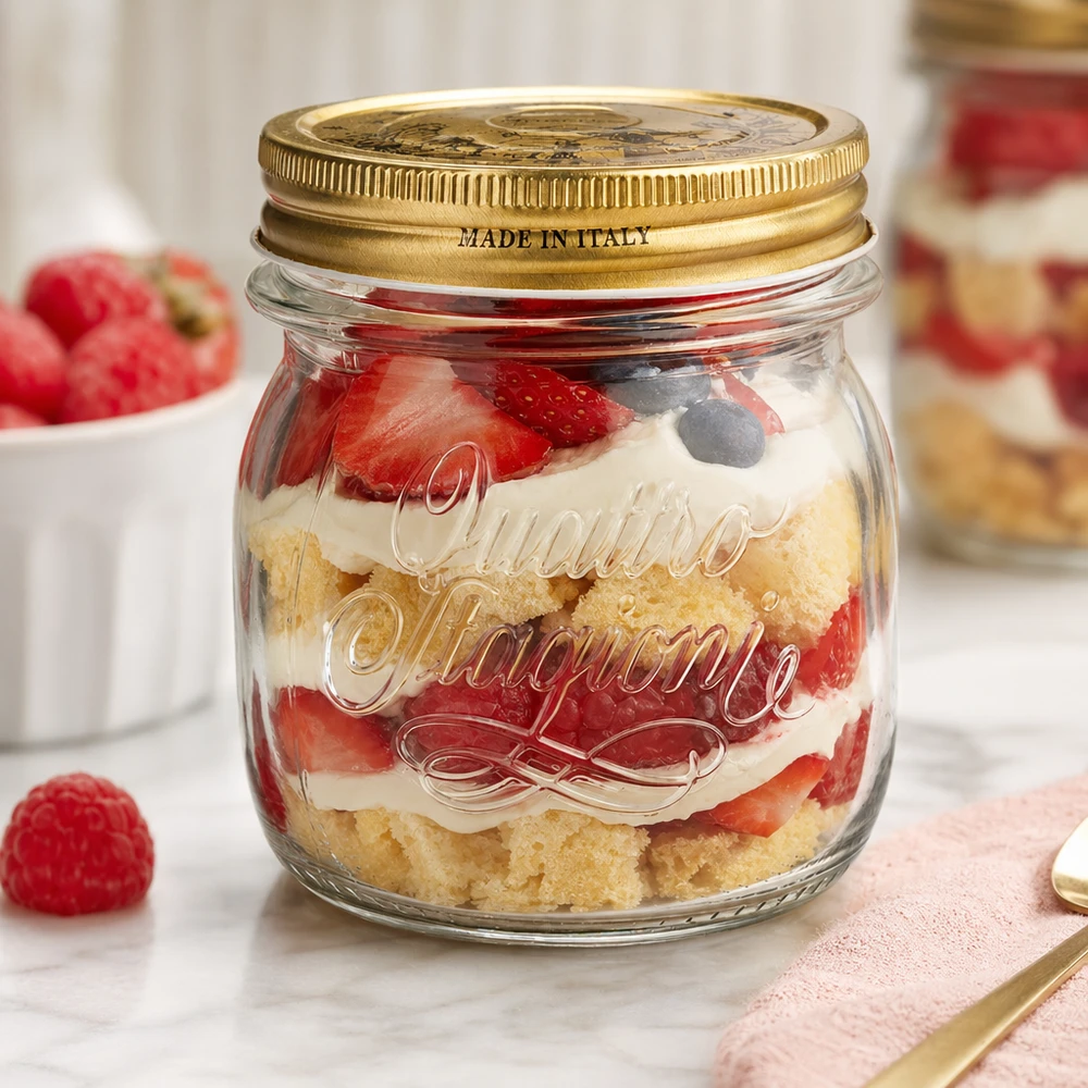 Verre rond 250ml « Quattro Stagioni » avec couvercle Verre rond de 250 ml Quattro Stagioni avec couvercle doré rempli d'un dessert à couches de fraises et de crème Made in Italy