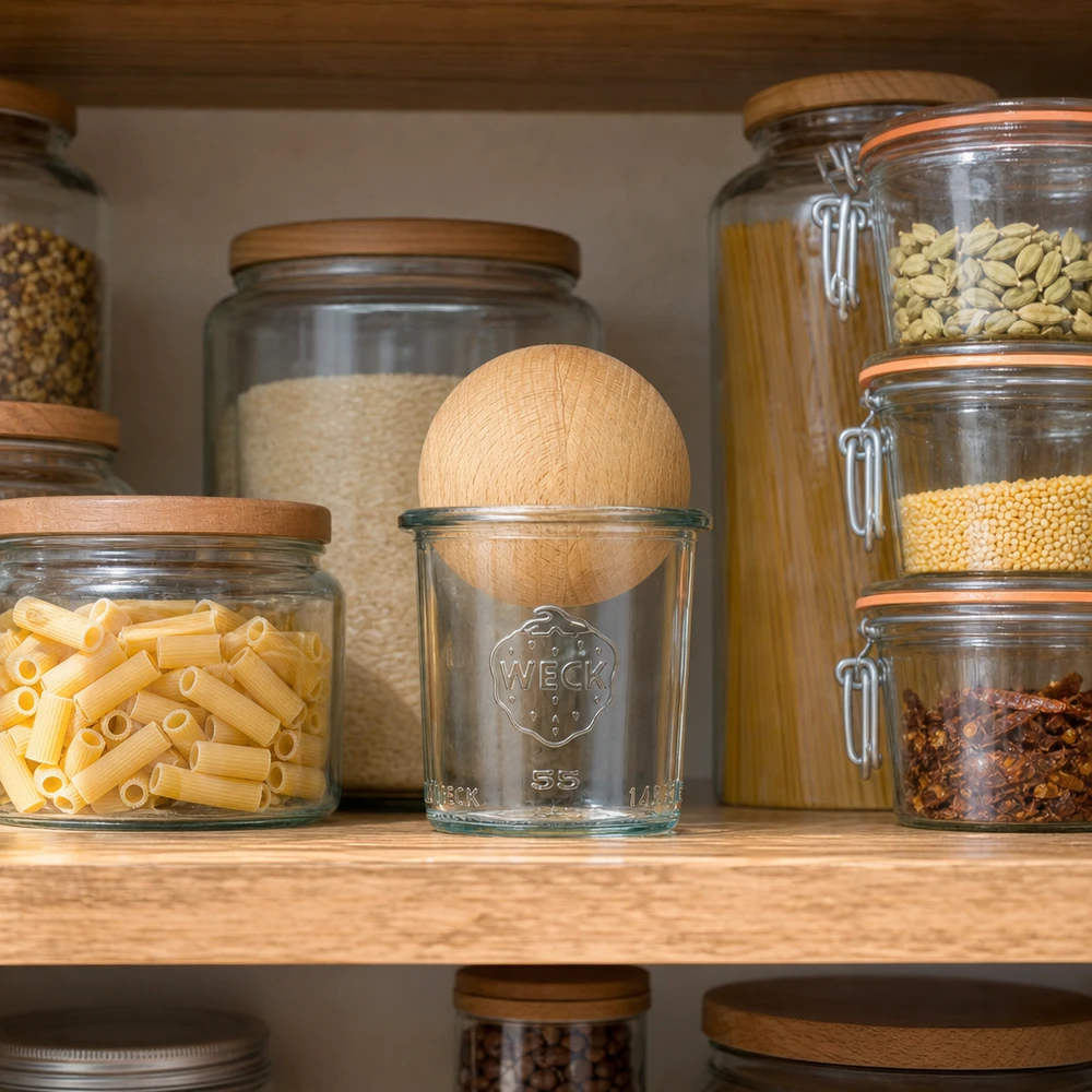 140ml bocal conique WECK RR60 avec boule en bois en hêtre WECK Bocal 140ml RR60 avec boule en bois de hêtre dans un garde-manger organisé parmi d'autres bocaux de conservation