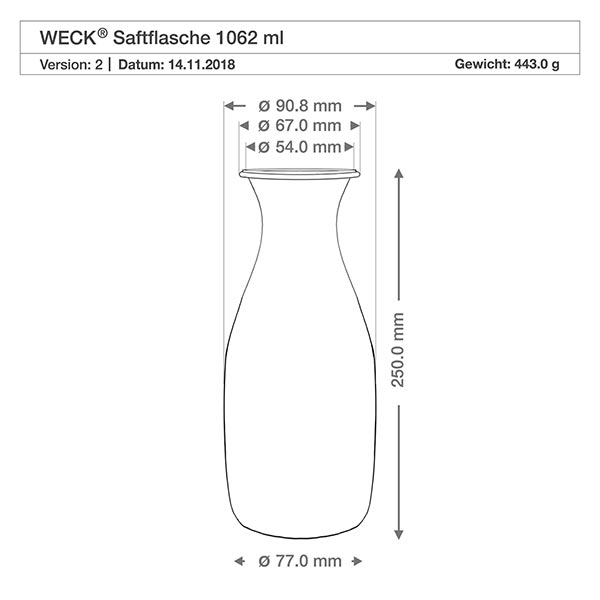 Lot de 6 verres Weck 1062ml bouteille de jus de fruits Dessin technique de la bouteille à jus WECK 1062ml avec dimensions et poids pour le couvercle fraîcheur RR60